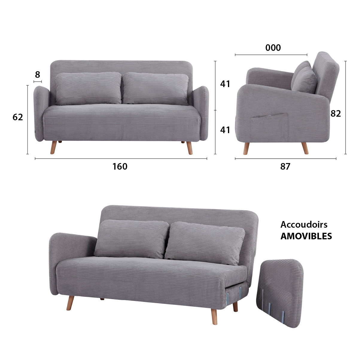 Détail des principales dimensions du canapé-lit BZ ARI en finition velours côtelé