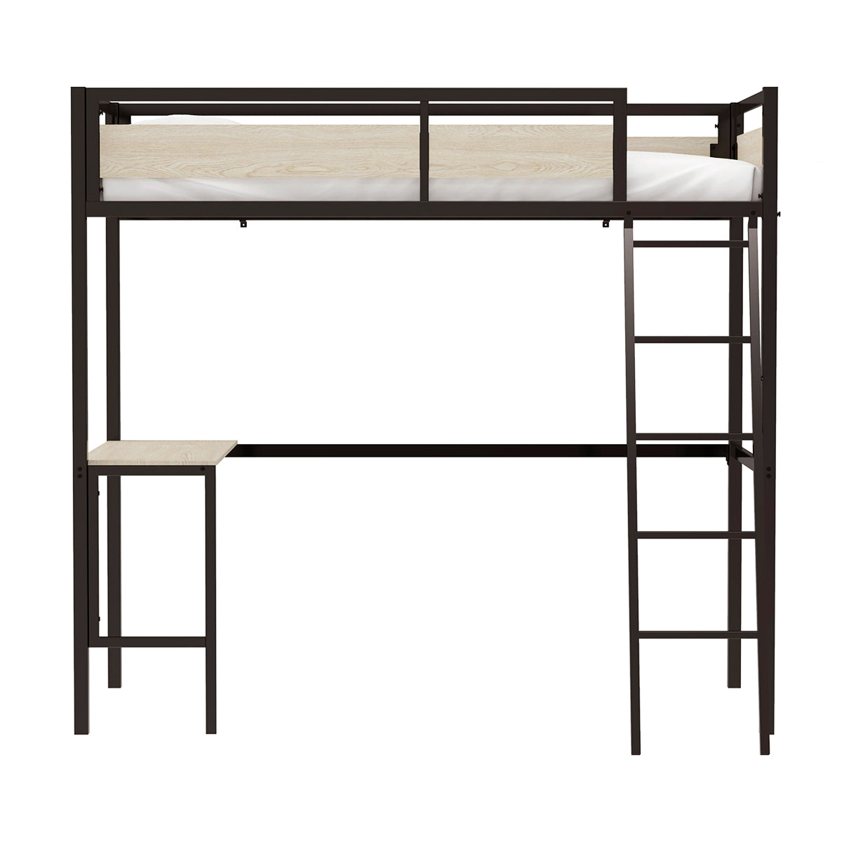 Vue de face du lit mezzanine DINO avec bureau 90x190 cm en finition mélamine chêne et métal noir