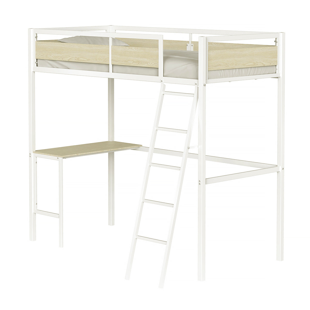 Lit mezzanine avec sommier et bureau en métal finition epoxy blanche et mélamine imitation chêne - couchage 90 x 190 cm - DINO