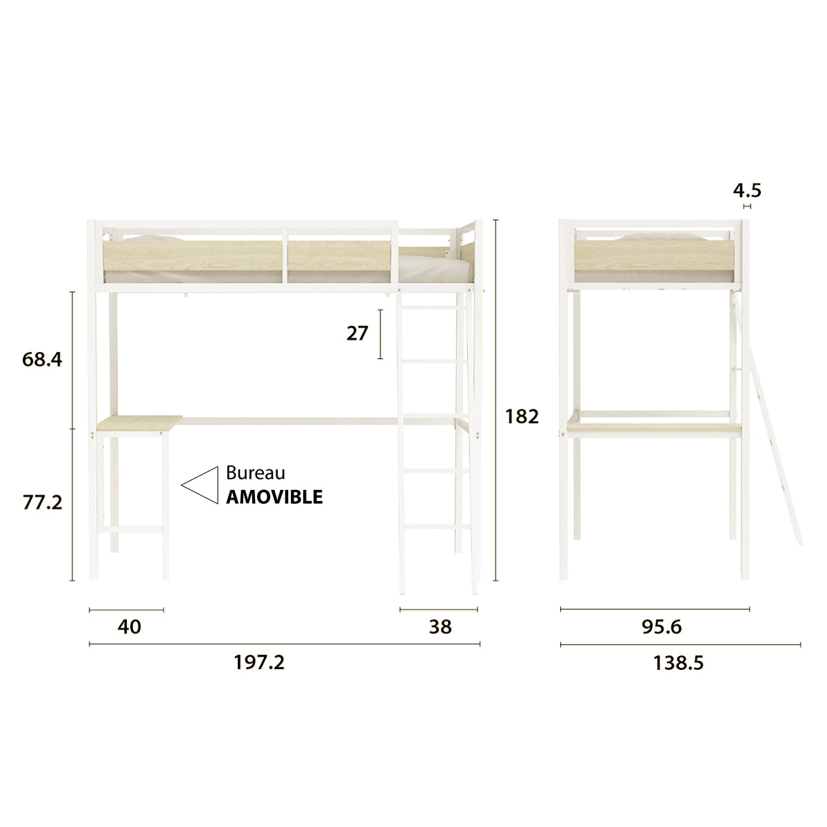 Lit mezzanine avec sommier et bureau en métal finition epoxy blanche et mélamine imitation chêne - couchage 90 x 190 cm - DINO