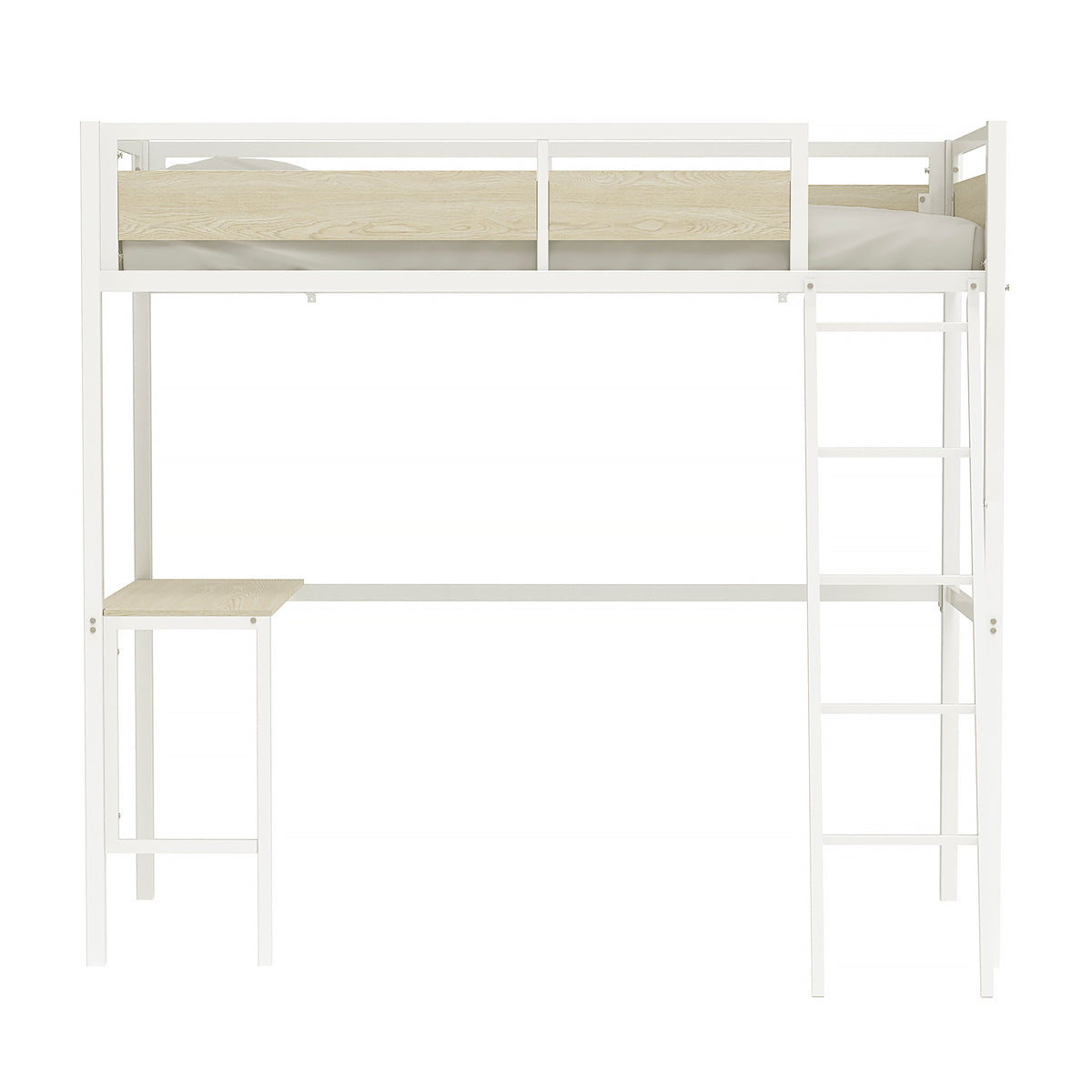 Lit mezzanine avec sommier et bureau en métal finition epoxy blanche et mélamine imitation chêne - couchage 90 x 190 cm - DINO