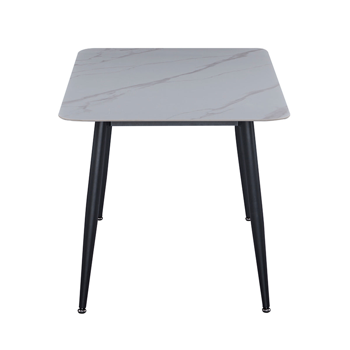 Vue de côté de la table à manger rectangulaire 4 - 6 places DIVA dimensions 140 x 80 cm en finition stratifié aspect marbre blanc