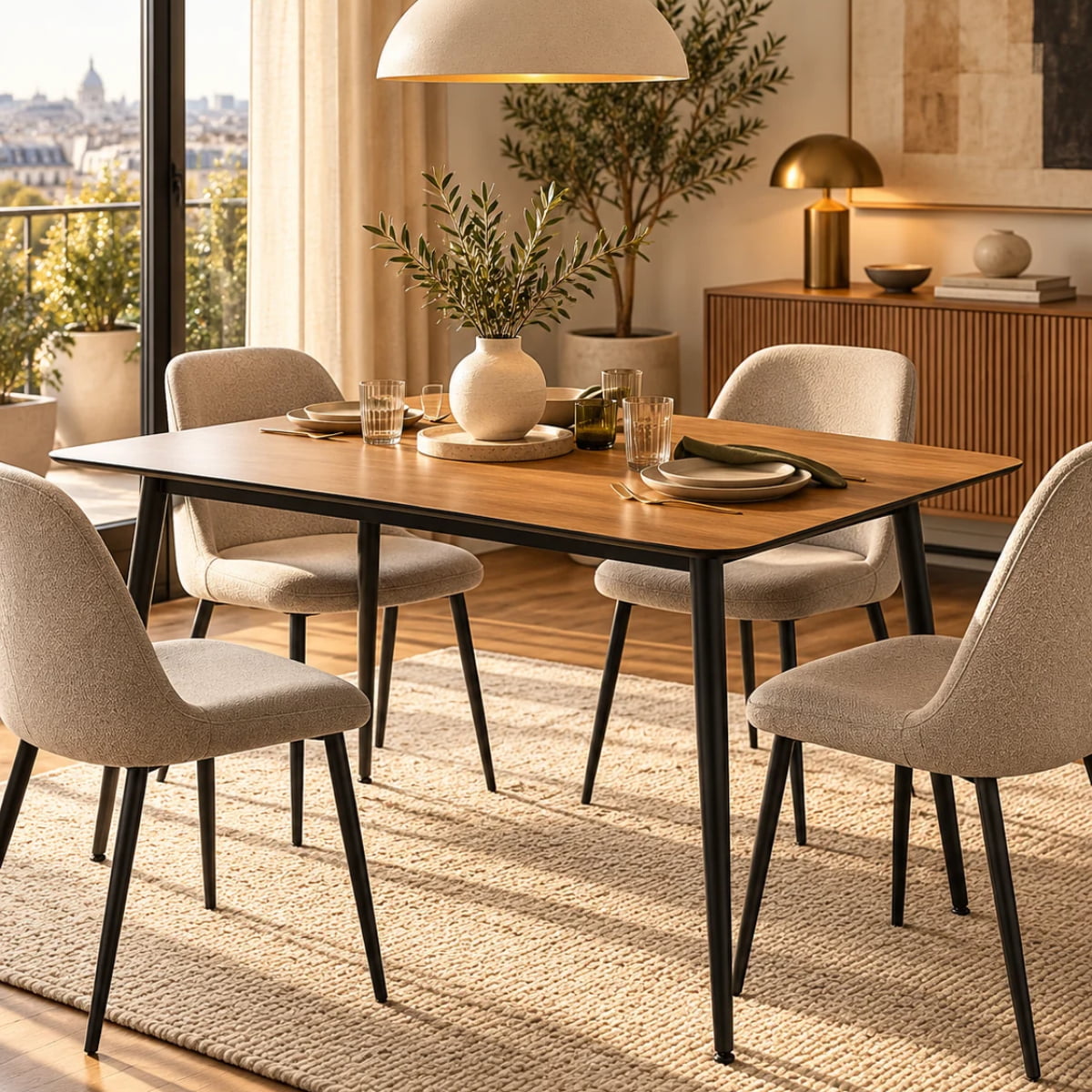 Vue lifestyle table rectangulaire DIVA noire finition melamine chene naturel