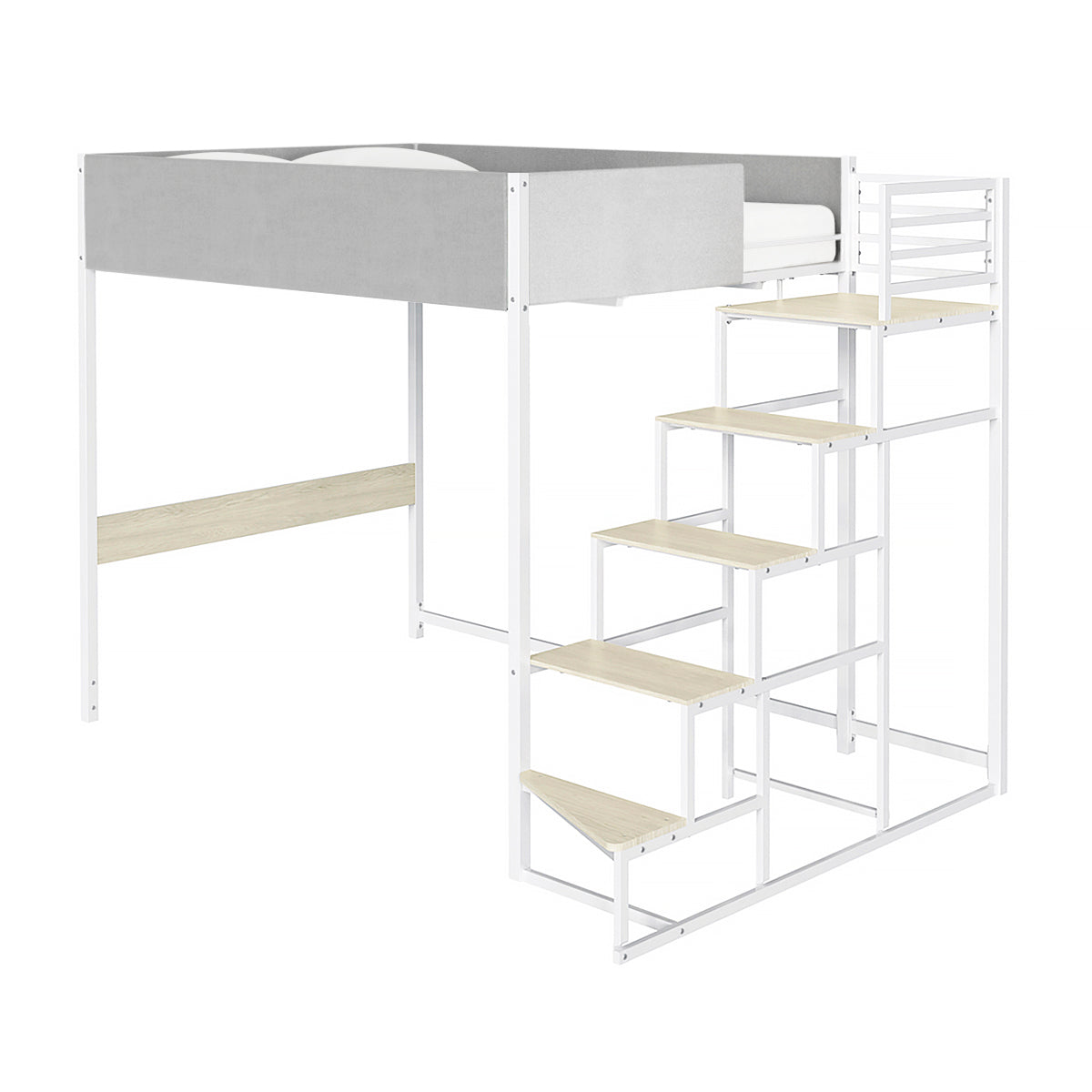 Lit mezzanine avec sommier et escalier en tissu gris clair, métal blanc et mélamine chêne - couchage 140x190 cm - DOCKLAND