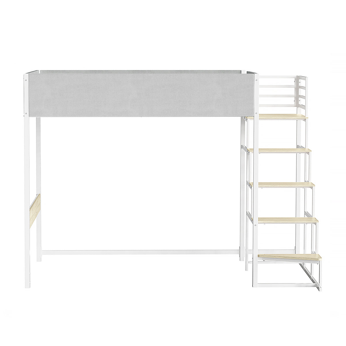 Lit mezzanine avec sommier et escalier en tissu gris clair, métal blanc et mélamine chêne - couchage 140x190 cm - DOCKLAND
