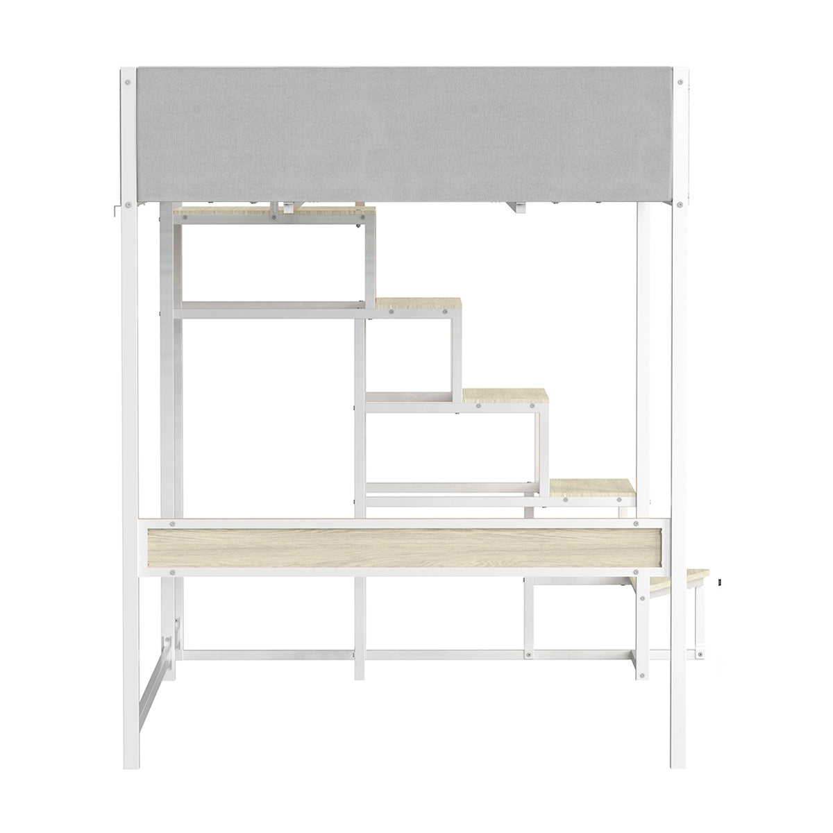 Lit mezzanine avec sommier et escalier en tissu gris clair, métal blanc et mélamine chêne - couchage 140x190 cm - DOCKLAND
