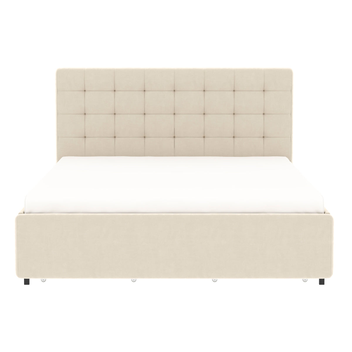 Vue de face du lit ELLIE 140x190 cm avec 4 tiroirs de rangements en finition velours beige