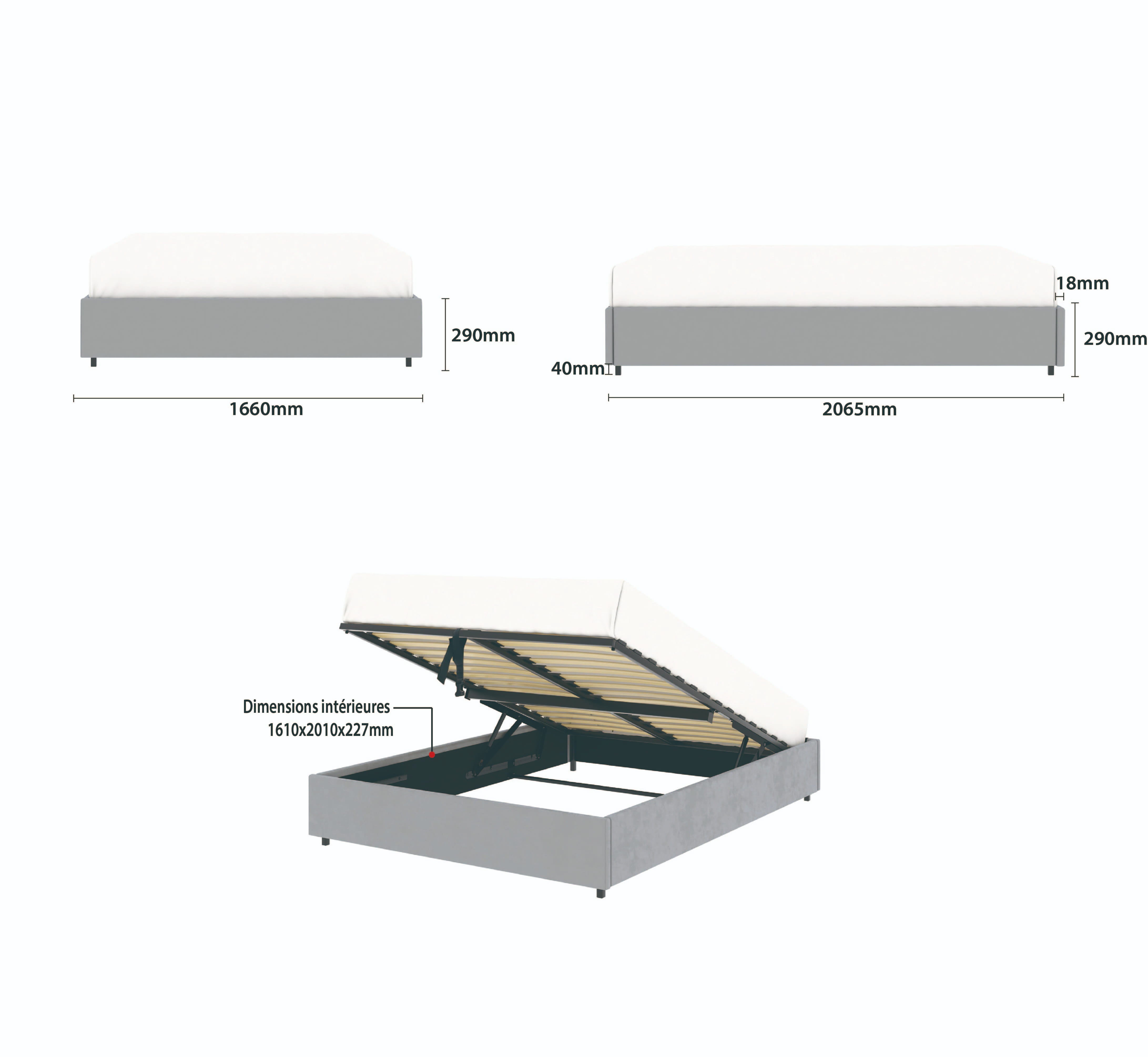 Détail des dimensions principales du lit plateforme LANCE 160x200 cm avec coffre de rangement en finition velours gris