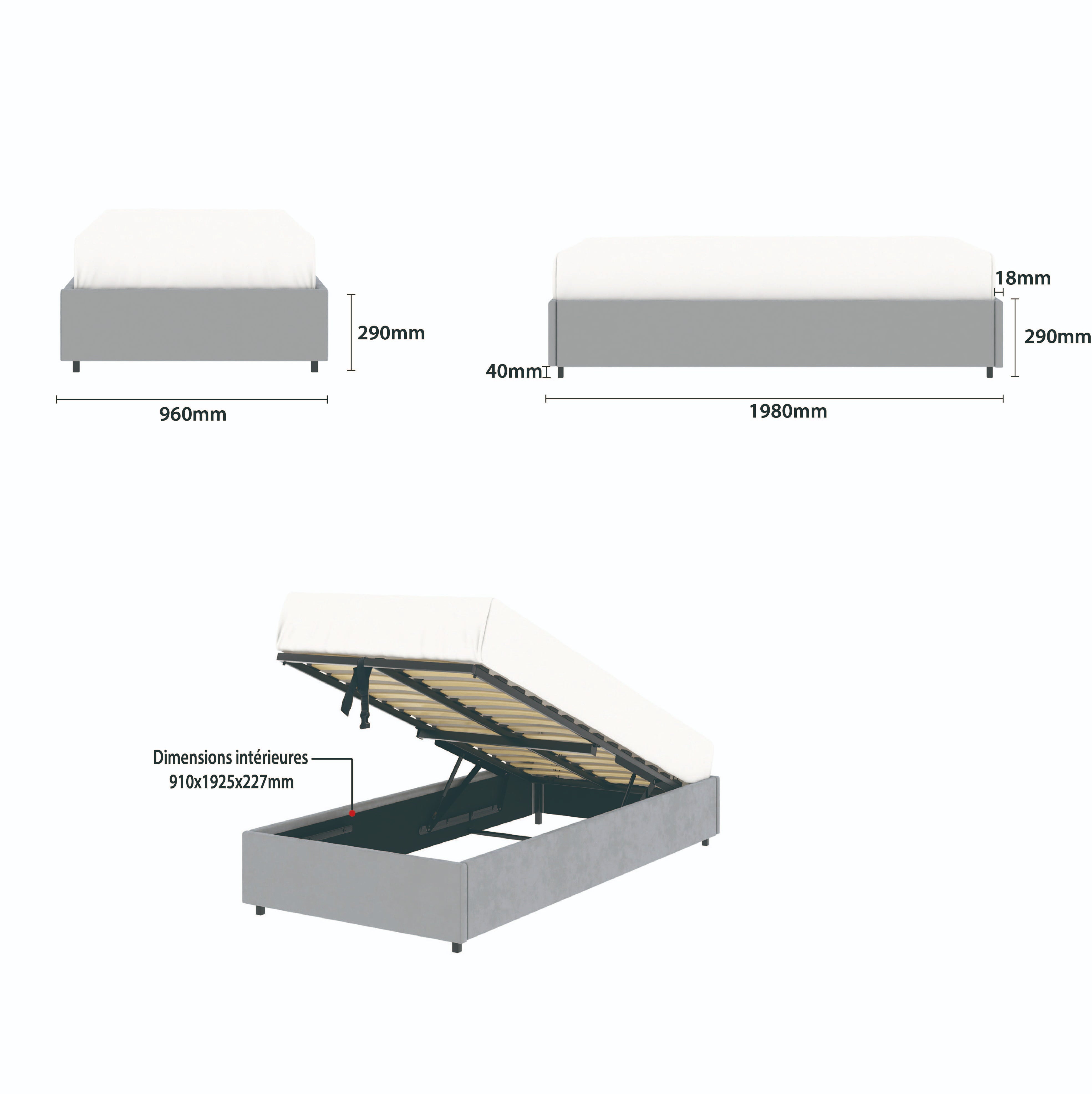 Détail des dimensions principales du lit plateforme LANCE 90x190 cm avec coffre de rangement en finition velours gris