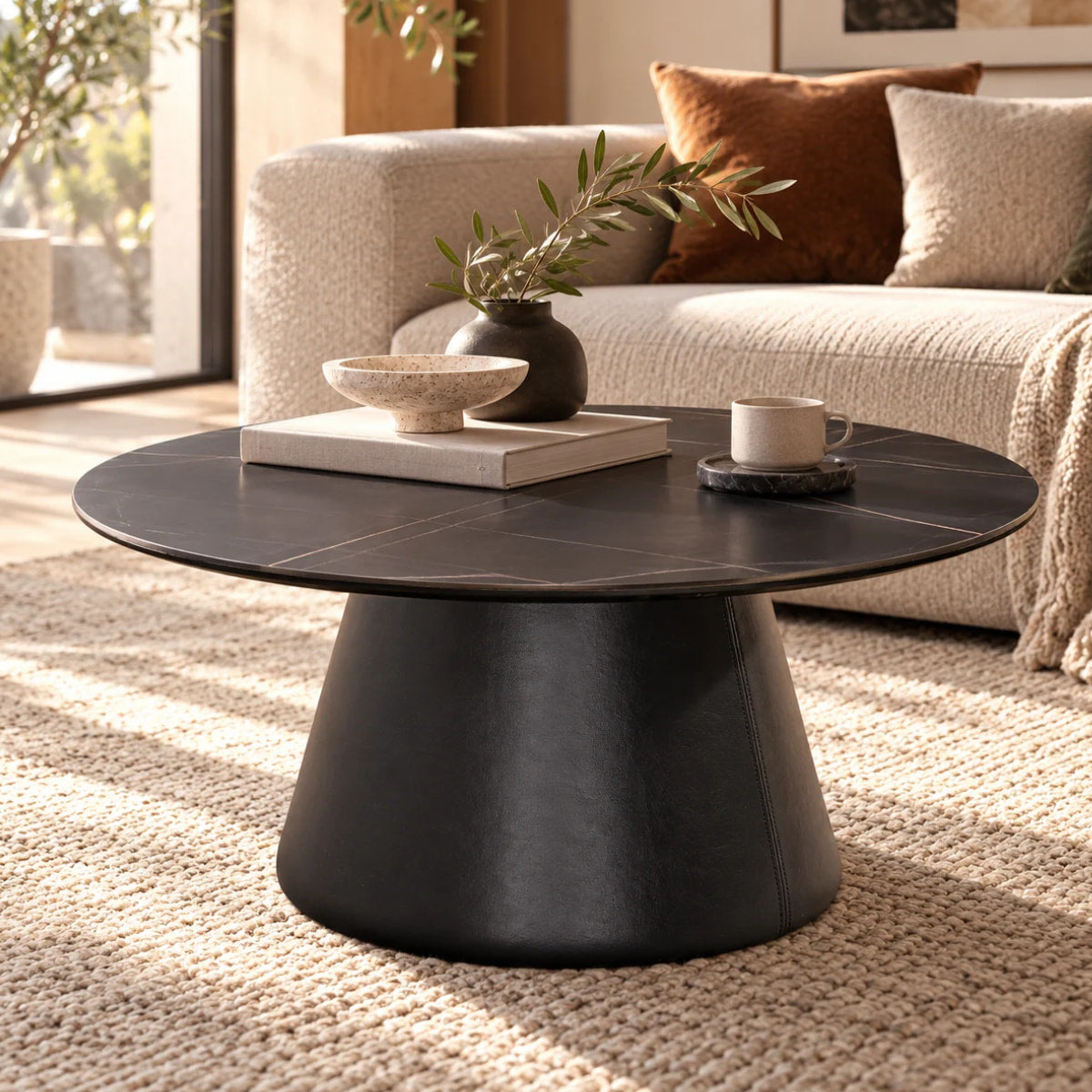 Vue lifestyle table basse MANDY finition stratifiee imitation marbre noir