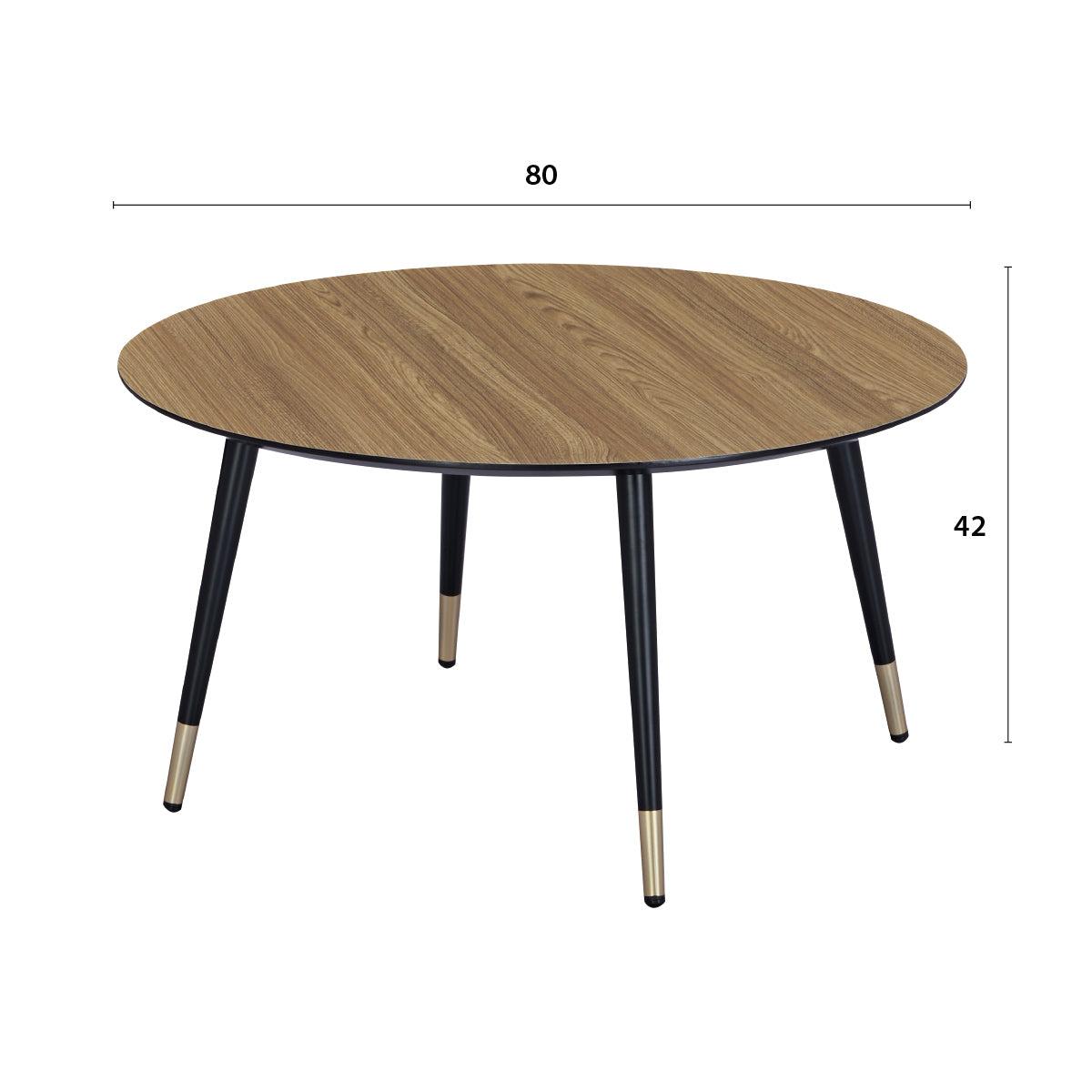 Détail des principales dimensions de la table basse ronde MATIS diamètre 80 cm en finition mélaminé imitation chêne