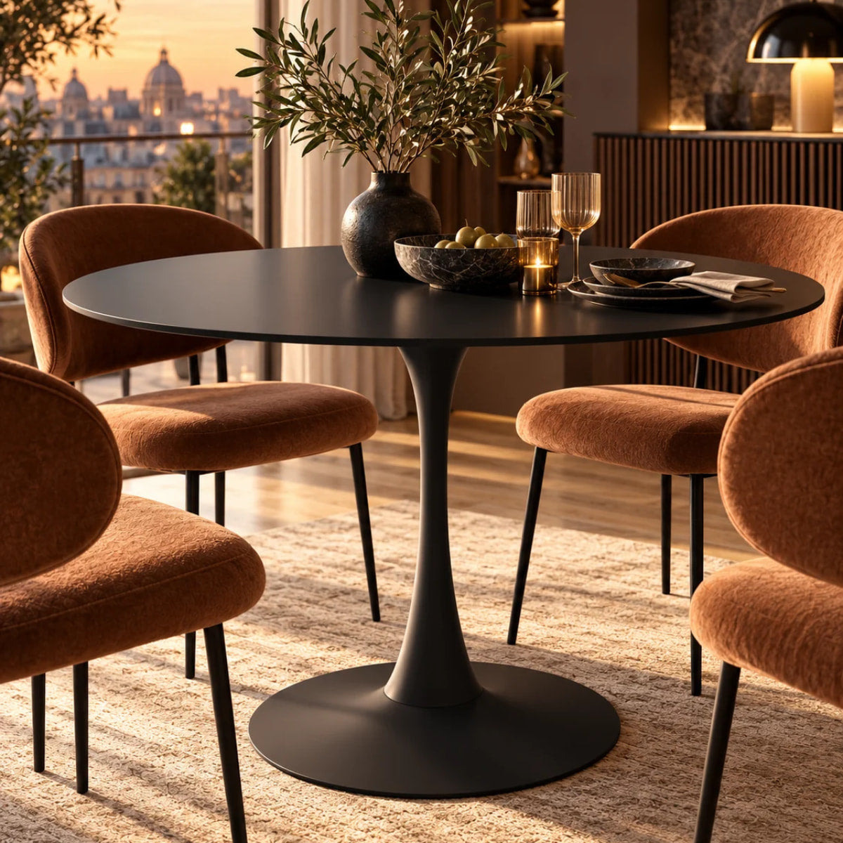 Vue lifestyle table ronde TULIPS noire laquee noir mat