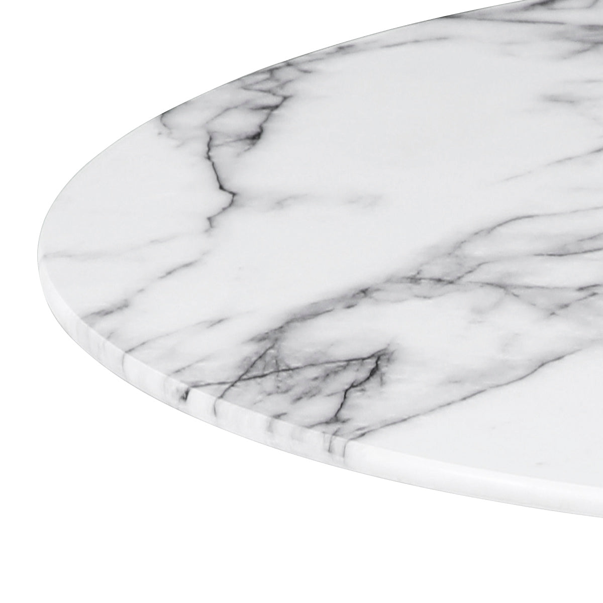 Détail du plateau en verre trempé imitation marbre blanc de la table TULIPS