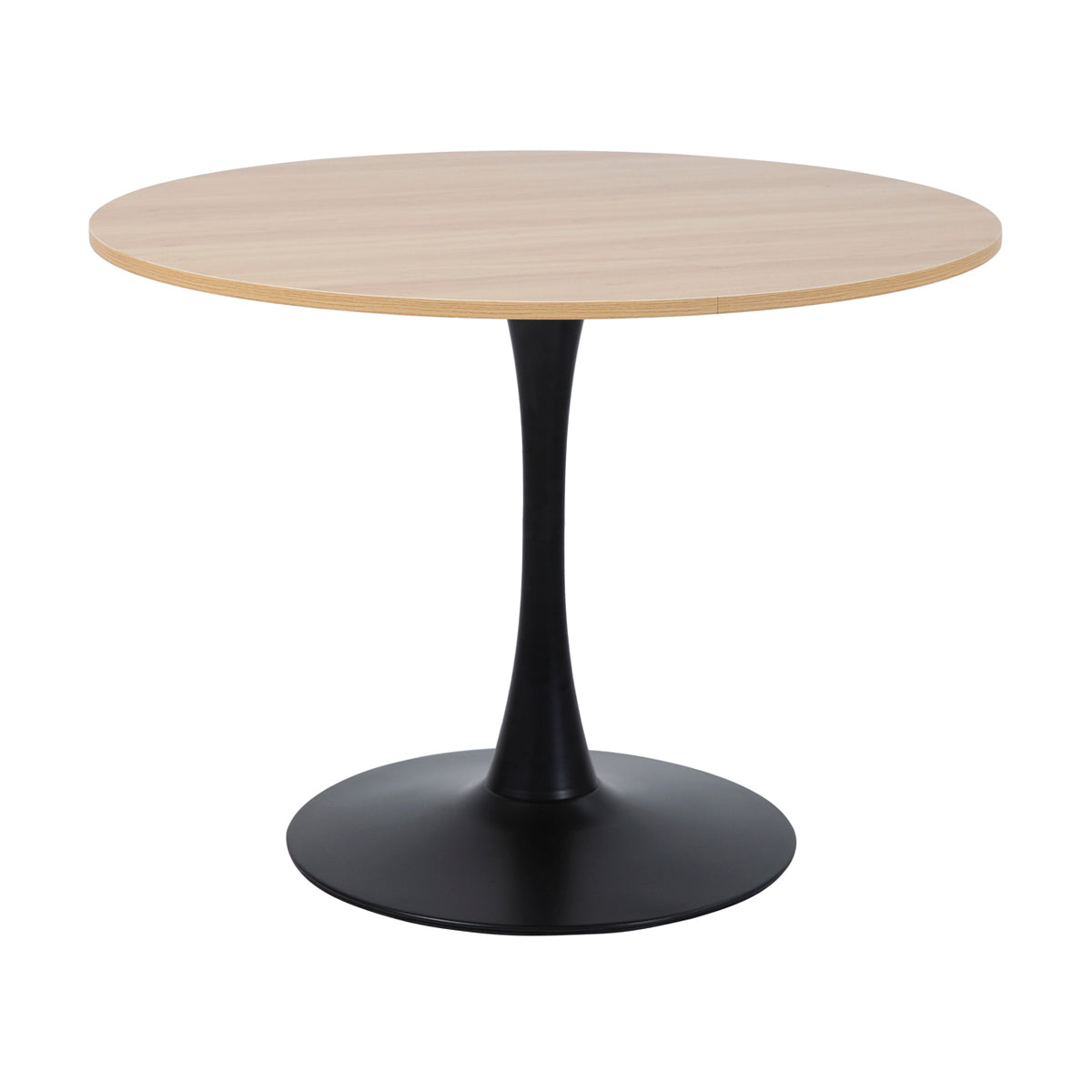 Table ronde au design tulipe avec plateau finition chêne clair et pied central noir, parfaite pour une salle à manger moderne, un coin repas ou une cuisine scandinave.