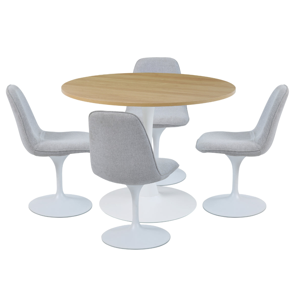 Vue d'ensemble Table ronde TULIPS en finition chene blanc + 4 chaises LORA finition blanc gris