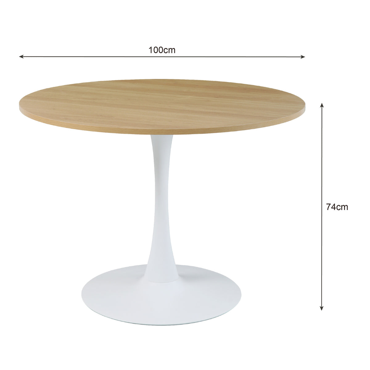 Dimensions principales Table ronde TULIPS en finition chene blanc