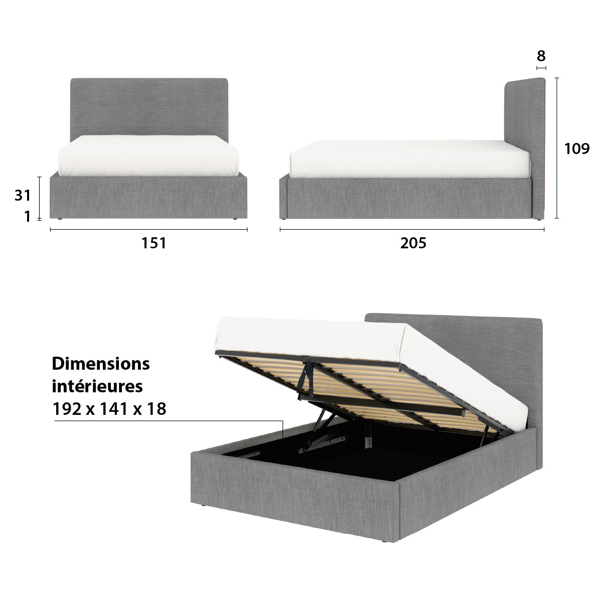 Lit adulte avec tête de lit et coffre de rangement – couchage 140x190 cm – tissu gris - sommier inclus - ANDY