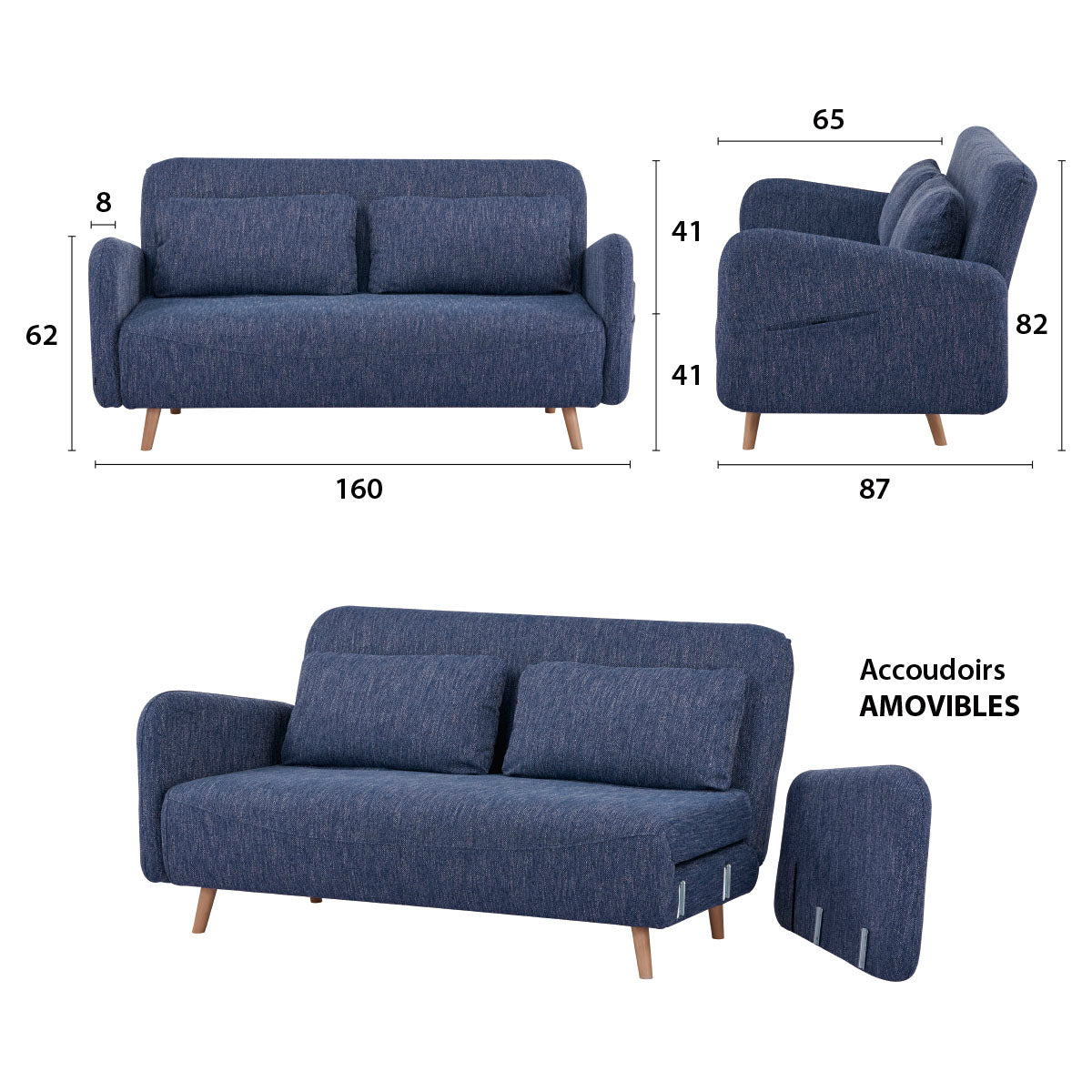 Banquette-lit BZ 2 places pour couchage d’appoint taille 145 x 190 cm en tissu bleu et pieds en bois massif - ARI