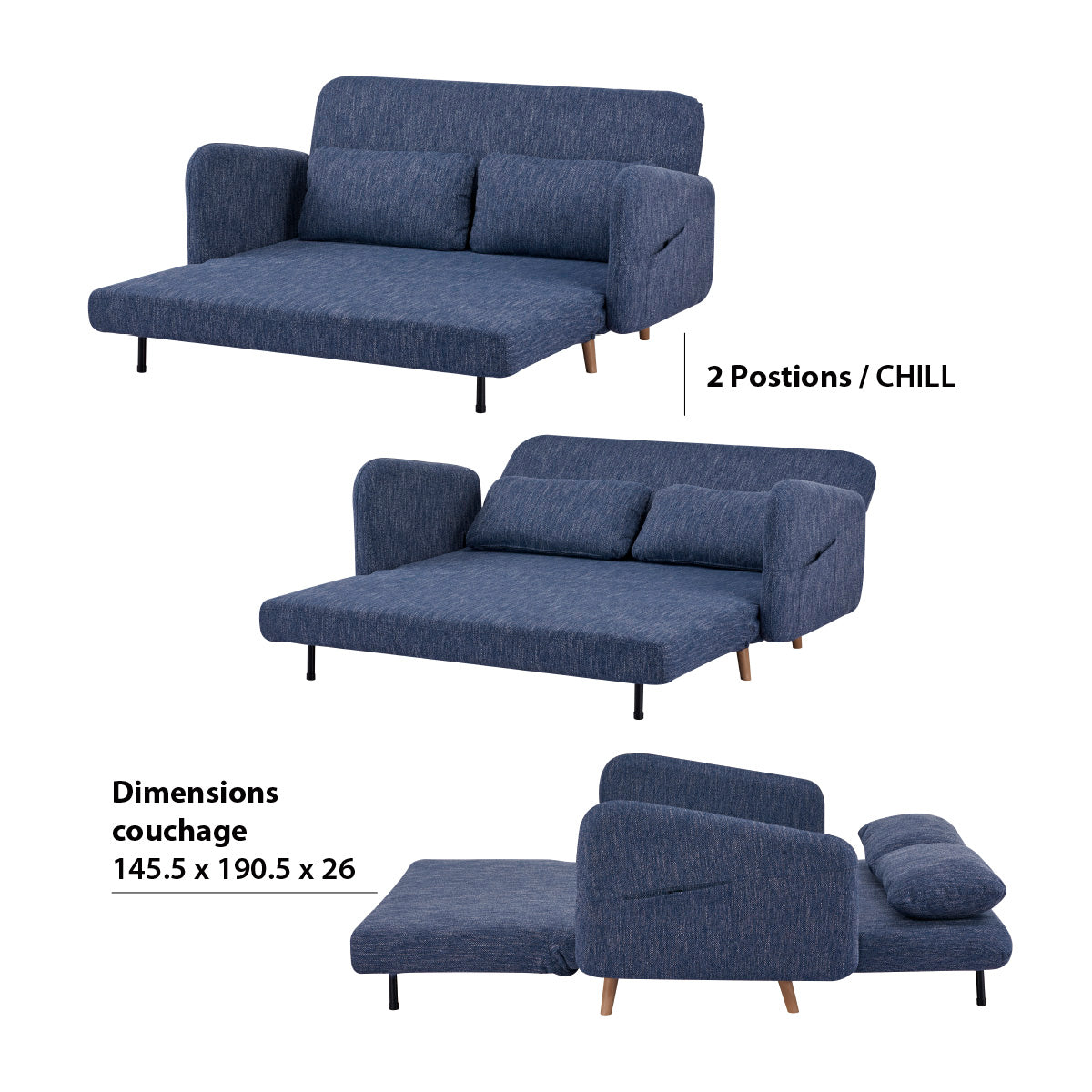 Banquette-lit BZ 2 places pour couchage d’appoint taille 145 x 190 cm en tissu bleu et pieds en bois massif - ARI