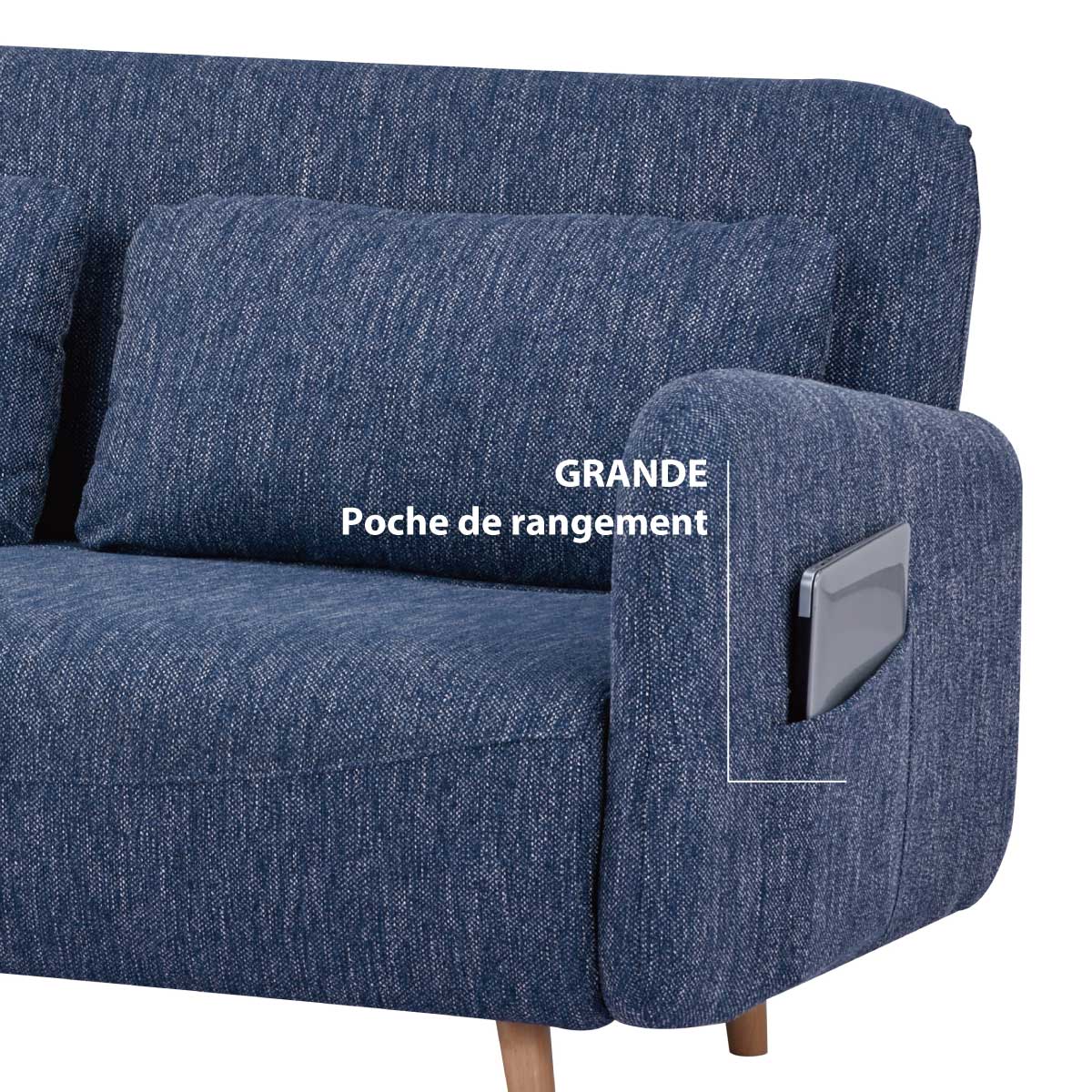 Banquette-lit BZ 2 places pour couchage d’appoint taille 145 x 190 cm en tissu bleu et pieds en bois massif - ARI