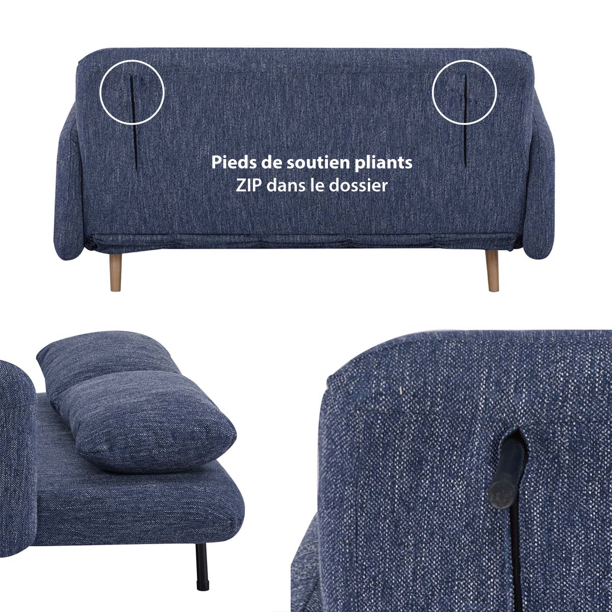 Banquette-lit BZ 2 places pour couchage d’appoint taille 145 x 190 cm en tissu bleu et pieds en bois massif - ARI