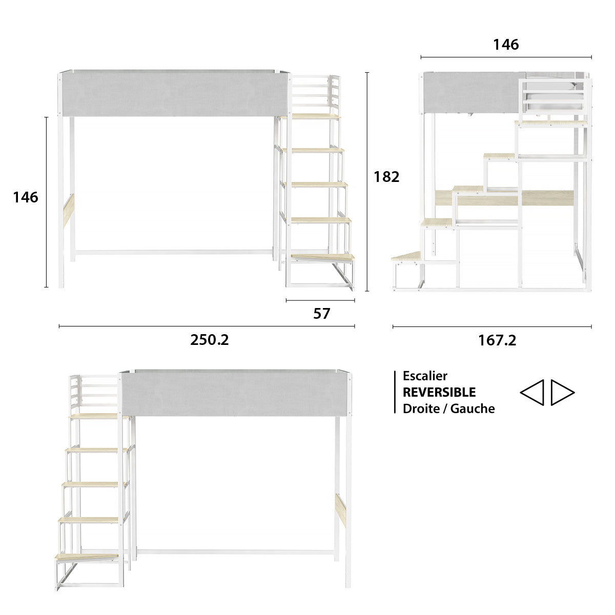 Lit mezzanine avec sommier et escalier en tissu gris clair, métal blanc et mélamine chêne - couchage 140x190 cm - DOCKLAND