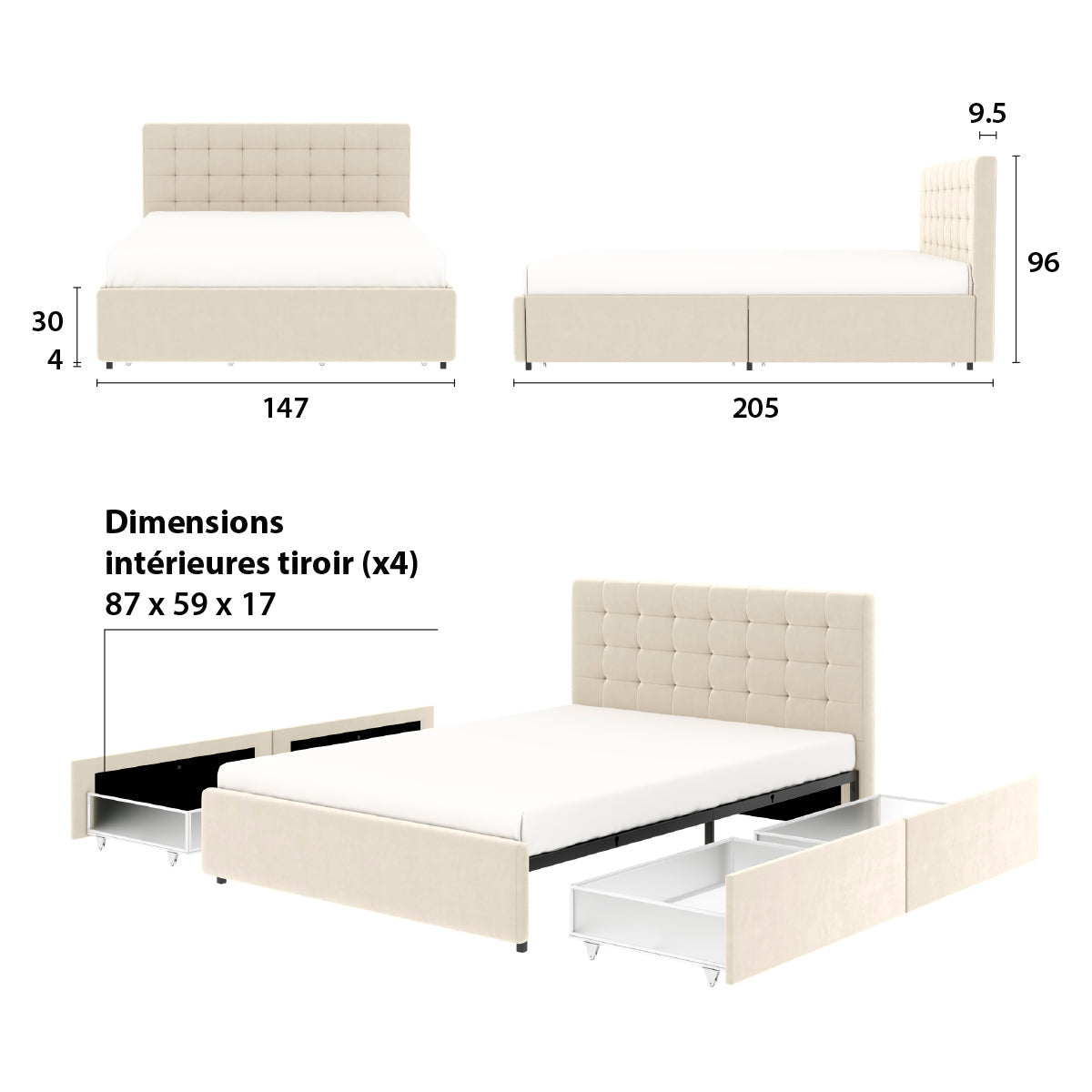 Lit adulte avec tête de lit et 4 tiroirs de rangement– couchage 140x190 cm – velours beige - Sommier inclus - ELLIE