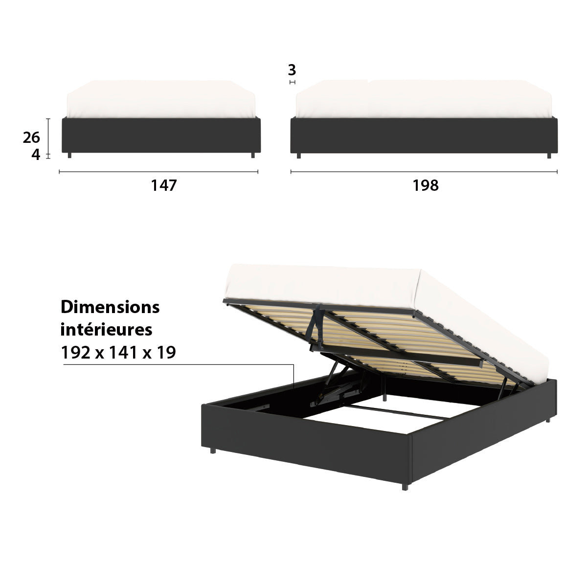 Lit adulte avec coffre de rangement en finition PU noire – couchage 140x190 cm - sommier inclus - LANCE