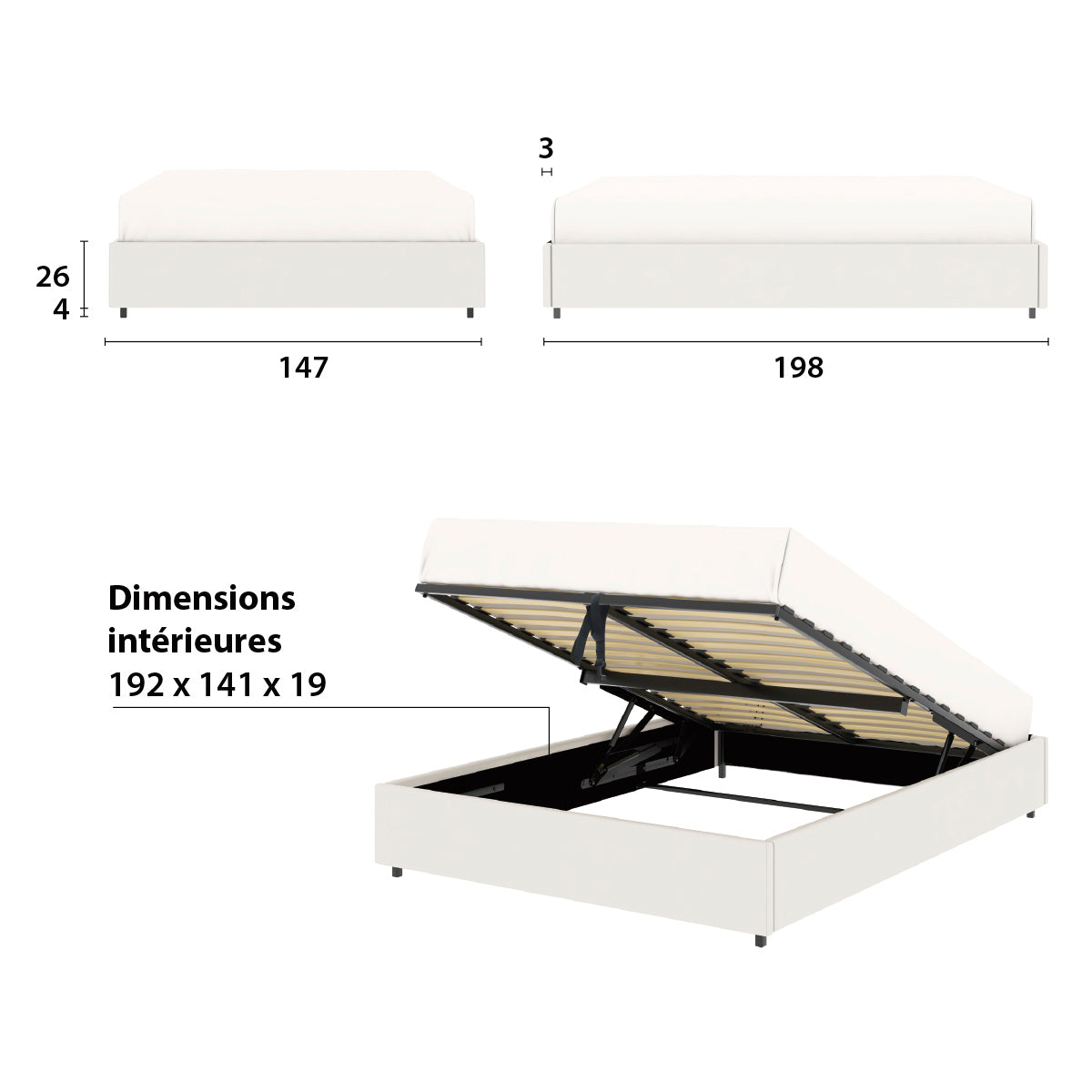 Lit adulte avec coffre de rangement en finition PU blanche – couchage 140x190 cm - sommier inclus - LANCE