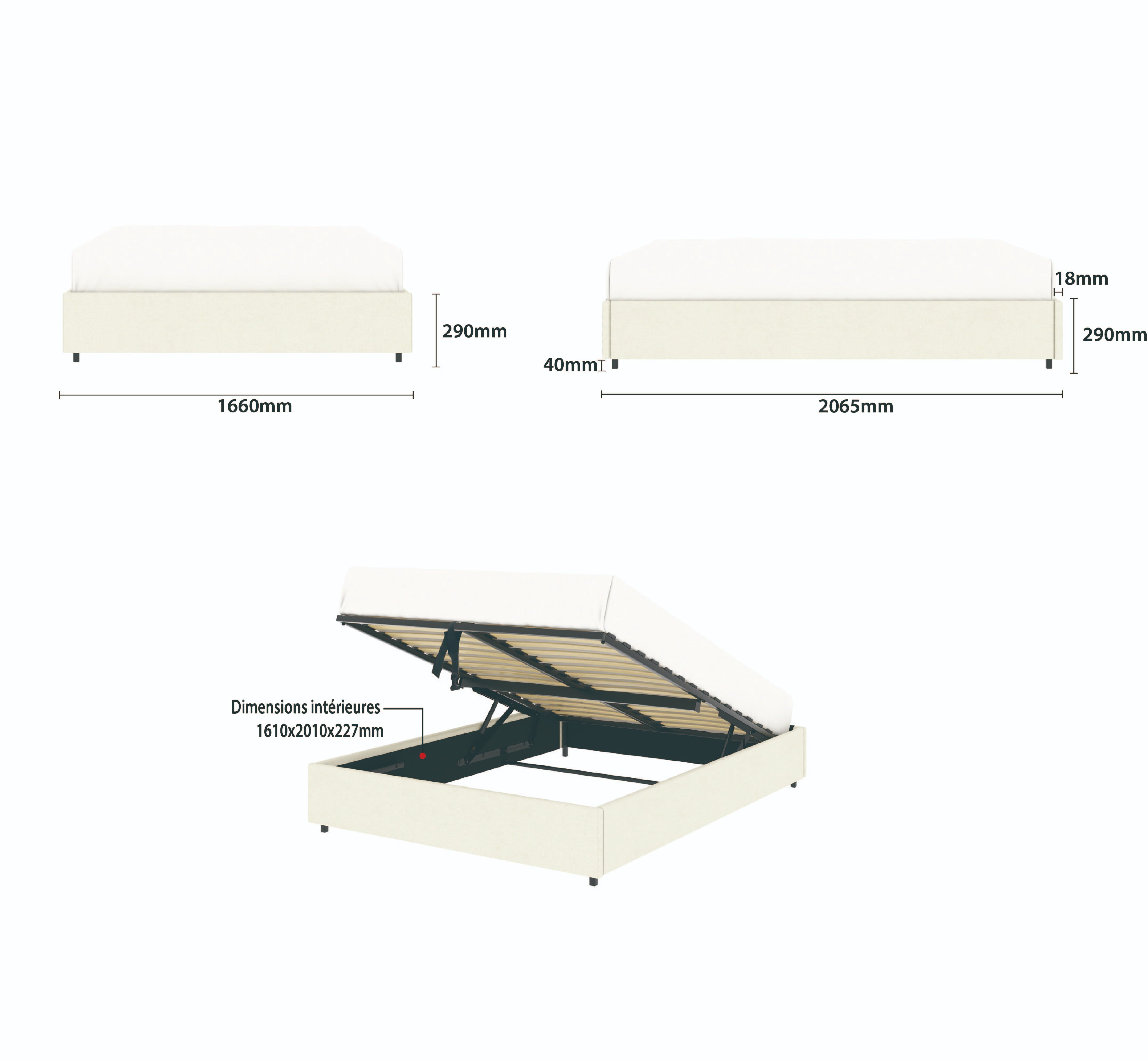 Détail des dimensions principales du lit plateforme LANCE 160x200 cm avec coffre de rangement en finition velours beige