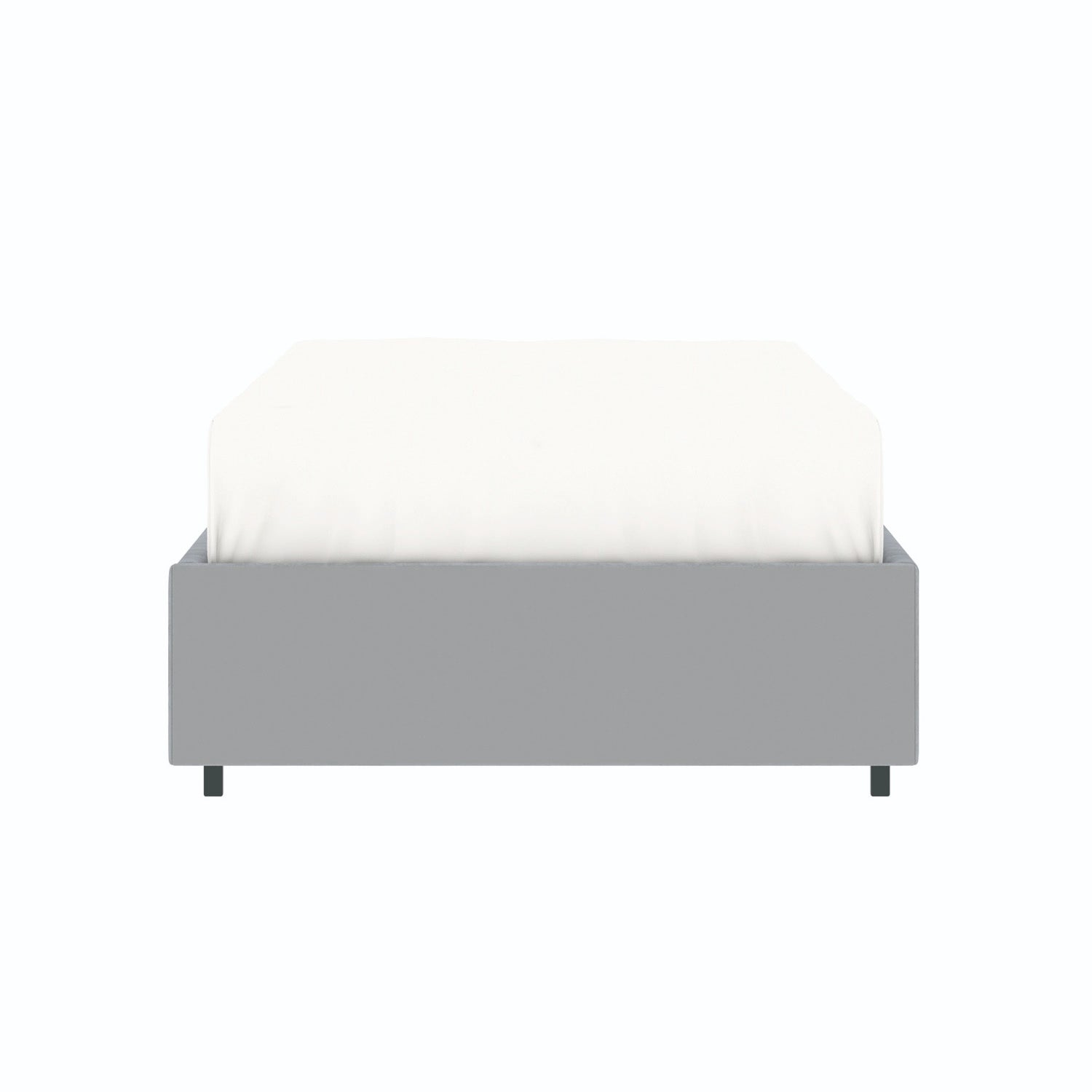 Vue de face du lit coffre plateforme 90x190 cm velours gris LANCE avec matelas (non fourni)