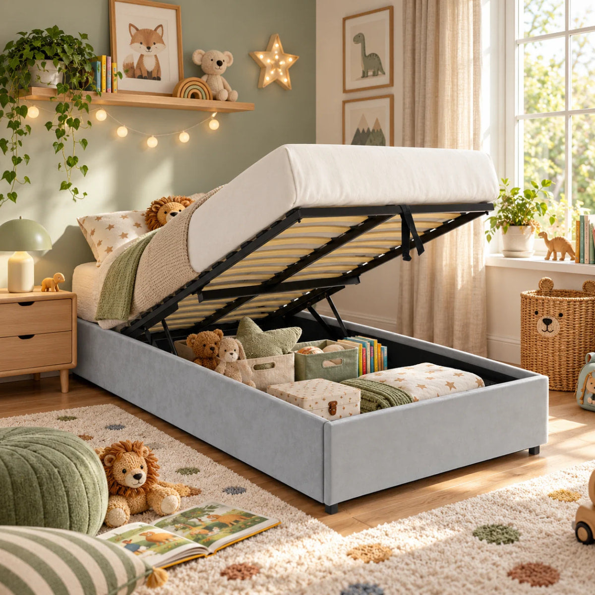 Vue lifestyle du sommier coffre LANCE tissu gris pour matelas 90x190 cm