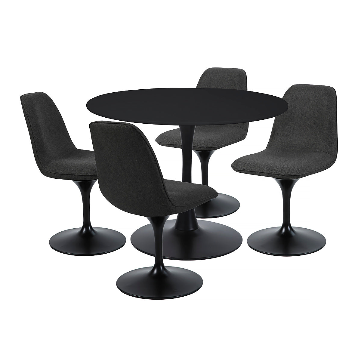 Chaise pivotante avec assise et dossier rembourrés recouverts de tissu noir bronze, base ronde en métal avec revêtement en epoxy noir - LORA