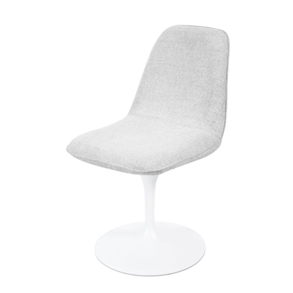 Chaise pivotante avec assise et dossier rembourrés recouverts de tissu blanc gris clair, base ronde en métal avec revêtement en epoxy blanc - LORA