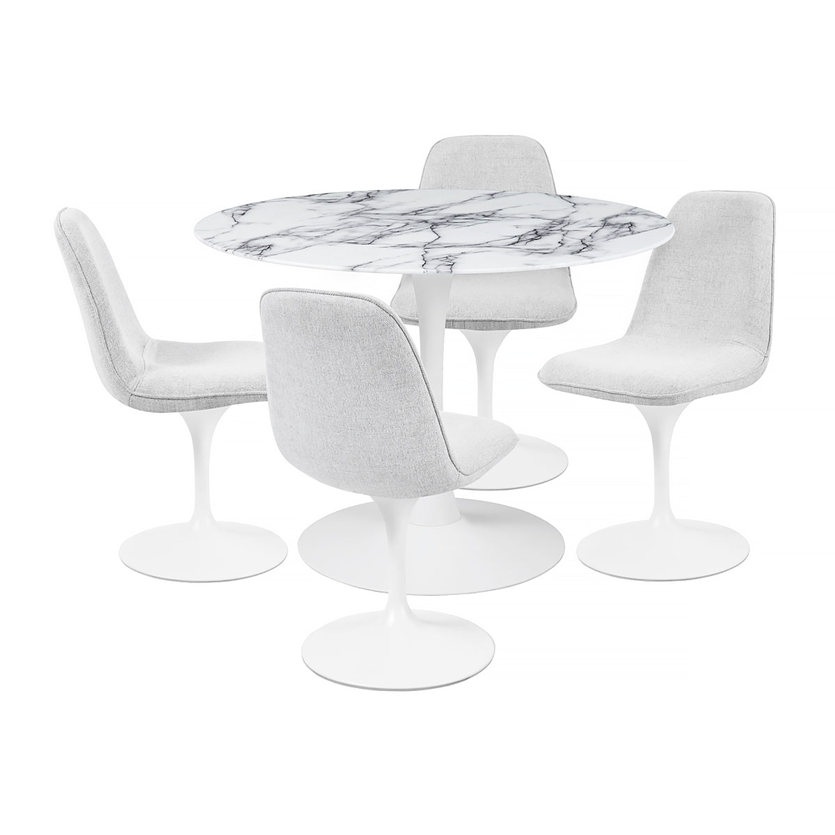 Chaise pivotante avec assise et dossier rembourrés recouverts de tissu blanc gris clair, base ronde en métal avec revêtement en epoxy blanc - LORA