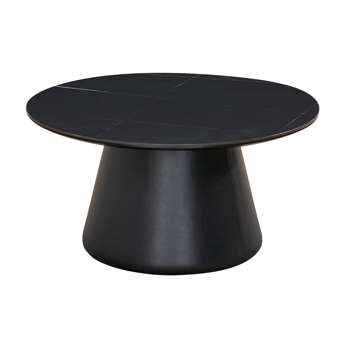 Table basse ronde de diamètre 80 cm en finition imitation marbre noir stratifié - MANDY