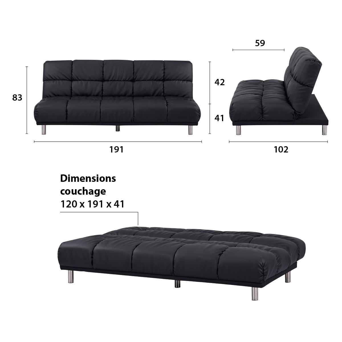 Banquette-lit clic-clac 3 places pour couchage d’appoint taille 120 x 191 cm en finition PU noir et pieds en plastique couleur chrome - MELLOW