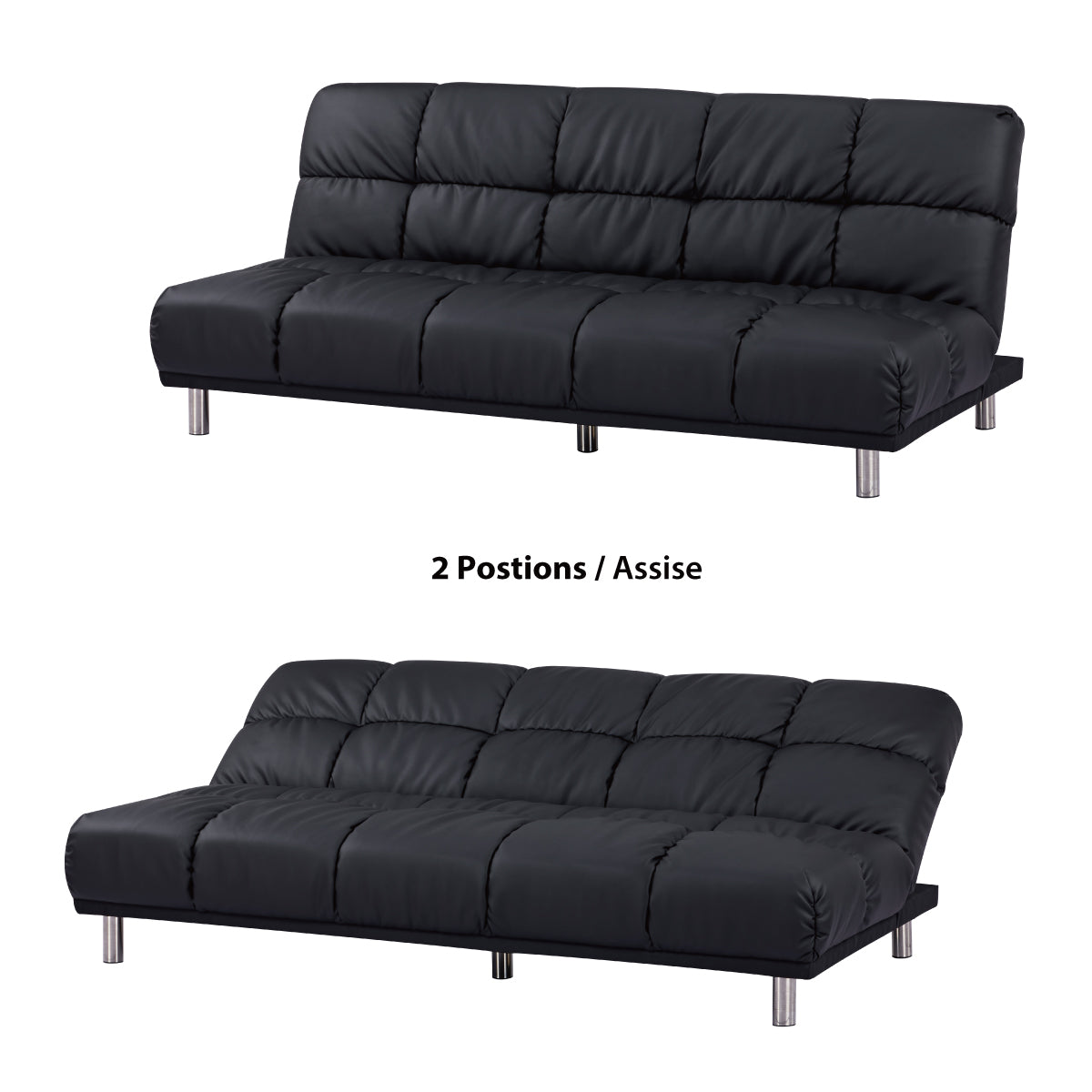 Banquette-lit clic-clac 3 places pour couchage d’appoint taille 120 x 191 cm en finition PU noir et pieds en plastique couleur chrome - MELLOW