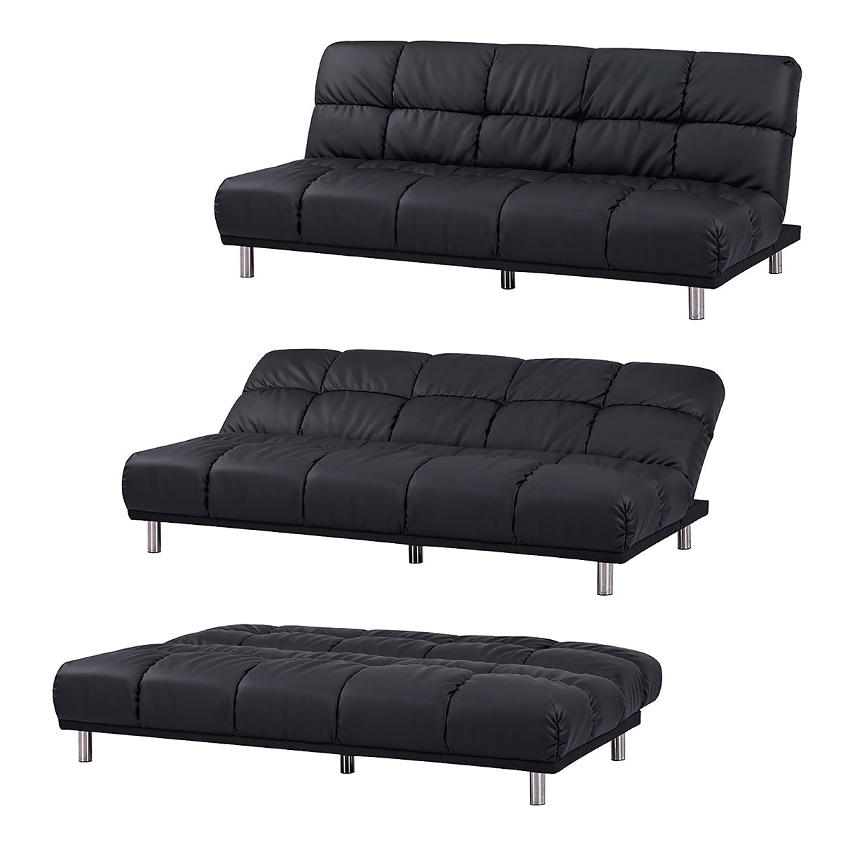 Banquette-lit clic-clac 3 places pour couchage d’appoint taille 120 x 191 cm en finition PU noir et pieds en plastique couleur chrome - MELLOW