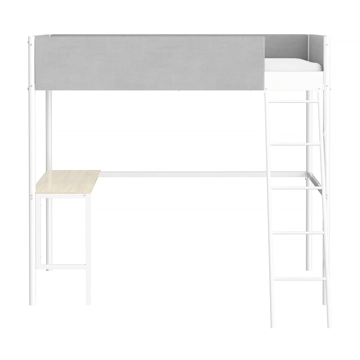 Lit mezzanine avec sommier et bureau en tissu gris clair, métal blanc et mélamine imitation chêne  - couchage 90 x 190 cm - ROZE