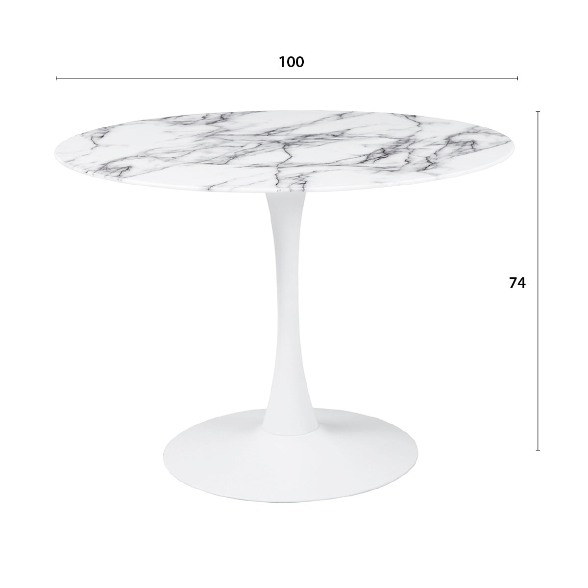 Table à manger ronde pour 4 à 5 personnes diamètre 100 cm, plateau verre trempé aspect marbre, base ronde en métal revêtement epoxy blanc - TULIPS