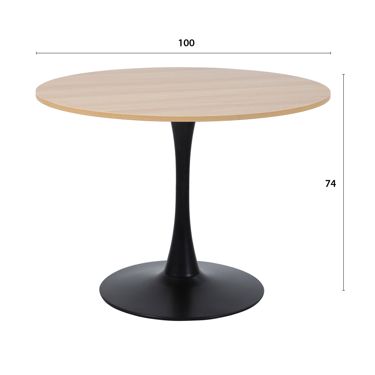 Table à manger ronde pour 4 à 5 personnes diamètre 100 cm, finition mélamine imitation chêne, base ronde en métal revêtement epoxy noir - TULIPS