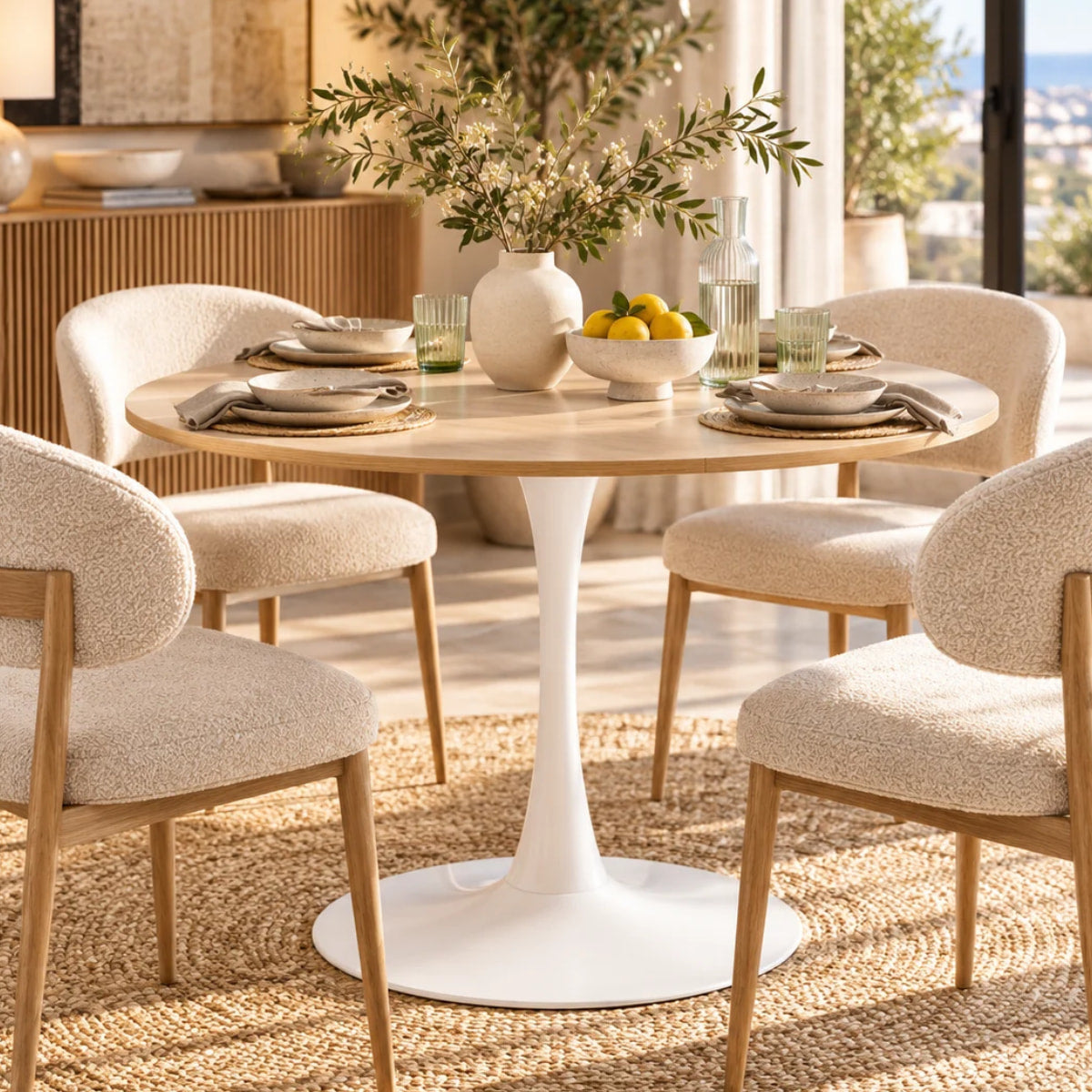 Vue lifestyle table ronde TULIPS blanche melamine imitation chene